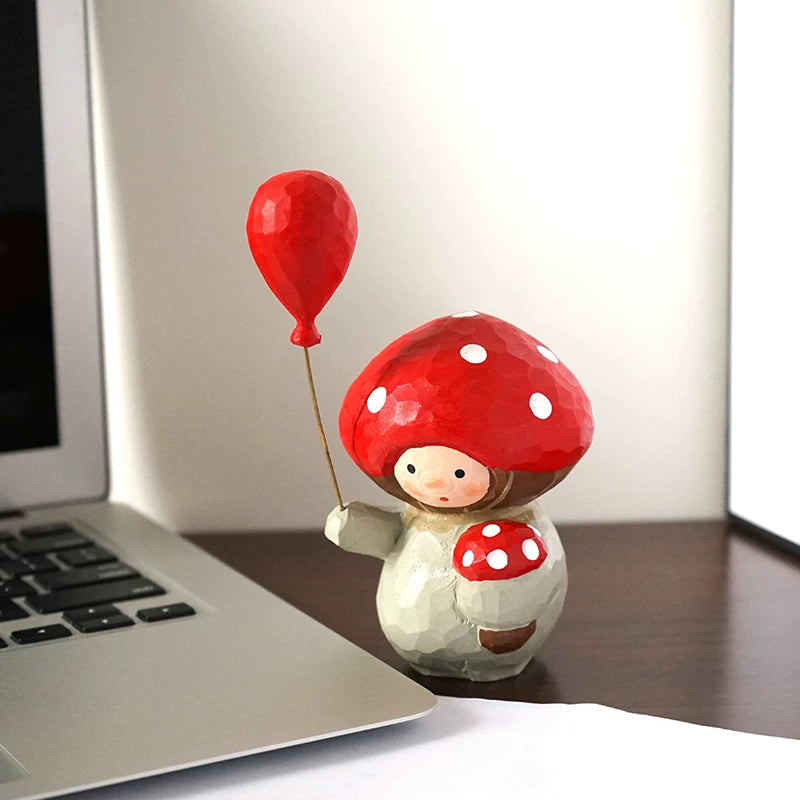 Hand-Carved Wooden Mushroom Doll with Red Balloon FantastiKurios
