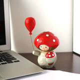 Hand-Carved Wooden Mushroom Doll with Red Balloon FantastiKurios