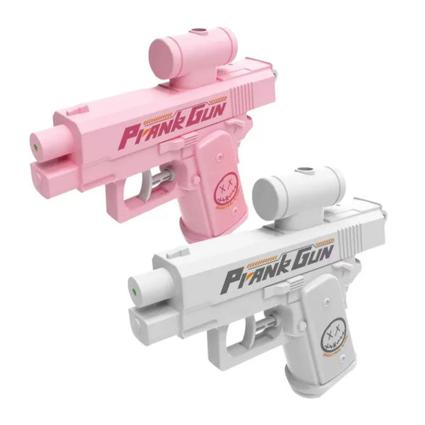 Pink and white toy guns labeled 'Prank Gun' on a white background
