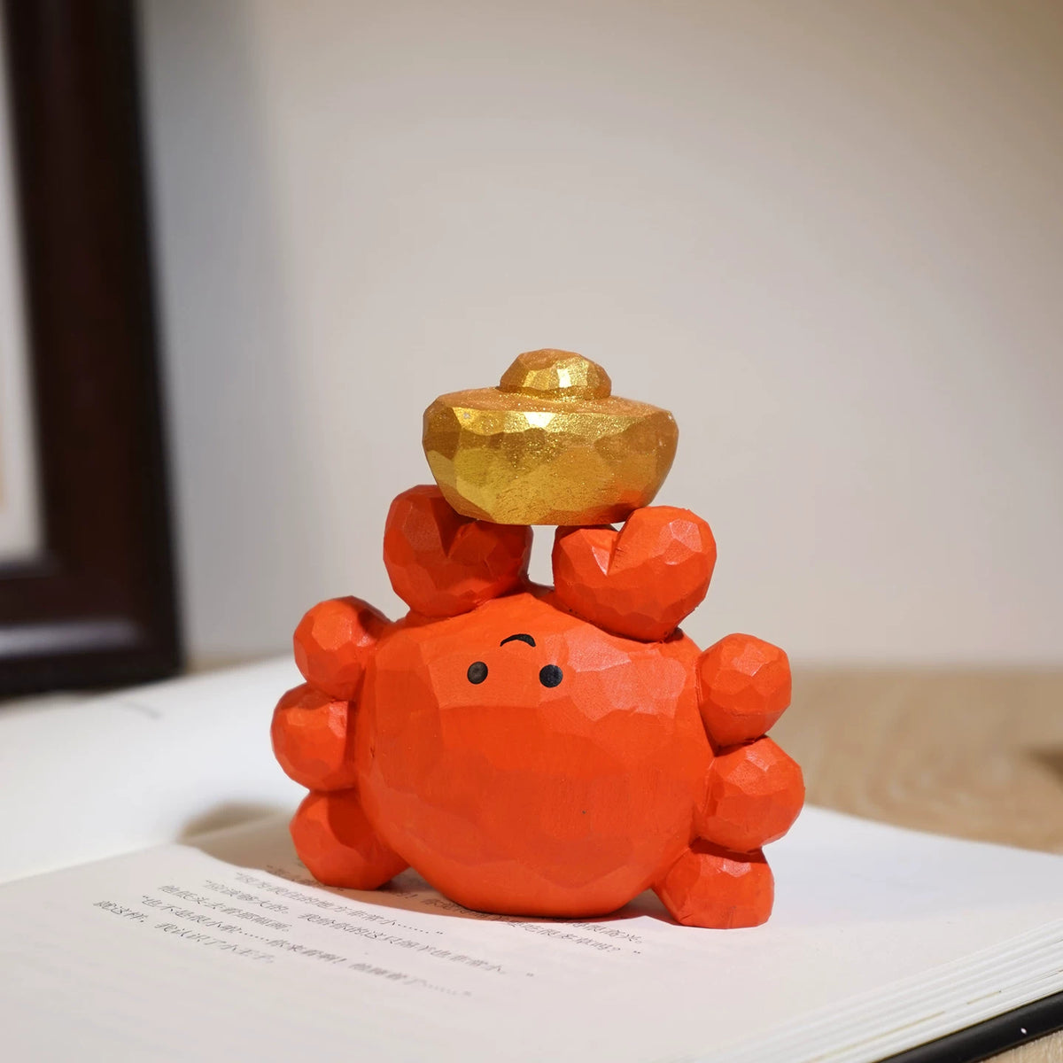 Hand-Carved Wooden Crab with Gold Ingot Ornament