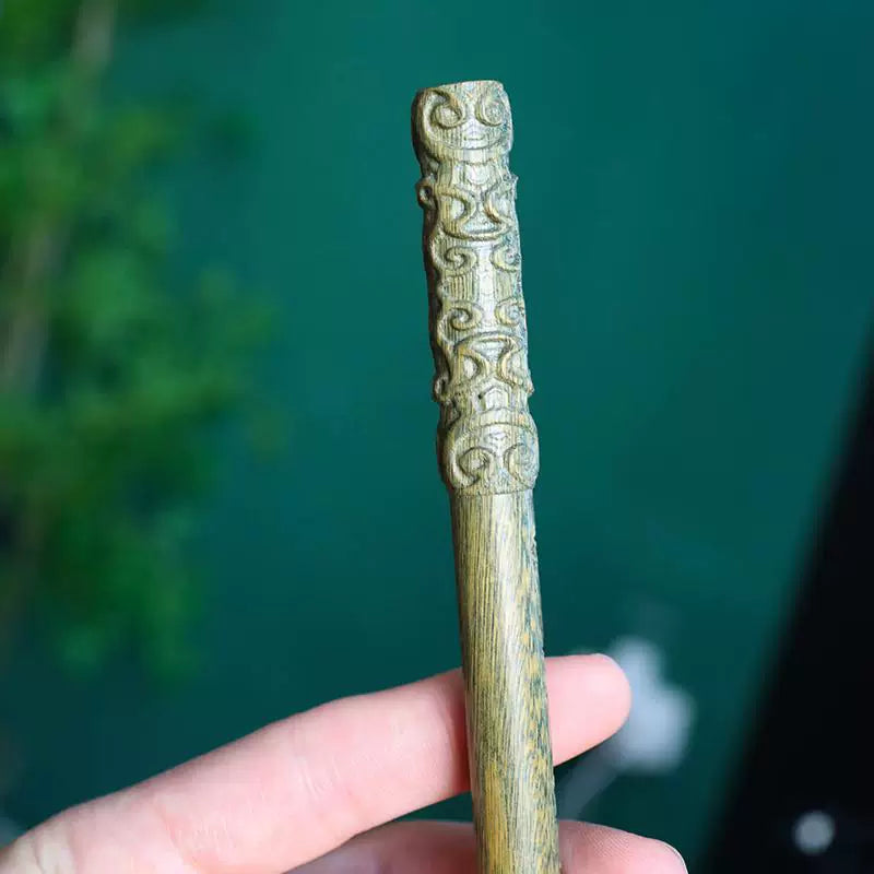 Hand-Carved Green Sandalwood Golden Cudgel Display