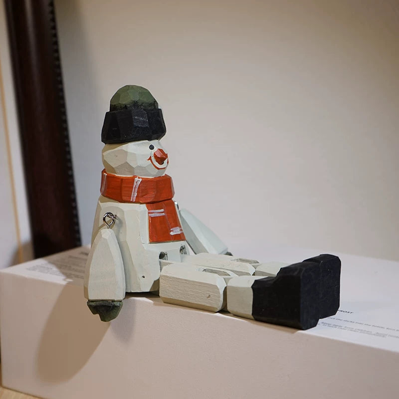Hand-Painted Wooden Sitting Snowman Figurine with Jointed Legs FantastiKurios