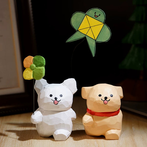 Hand-Carved Wooden Playful Puppy Figurine