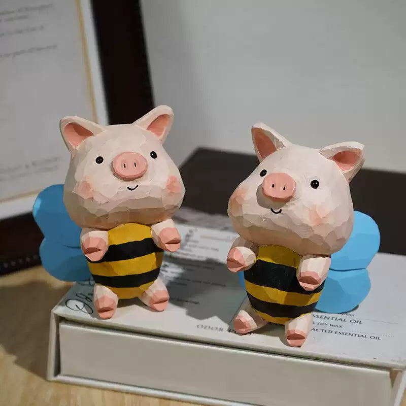 Hand-Carved Wooden Bee Pig Figurine FantastiKurios