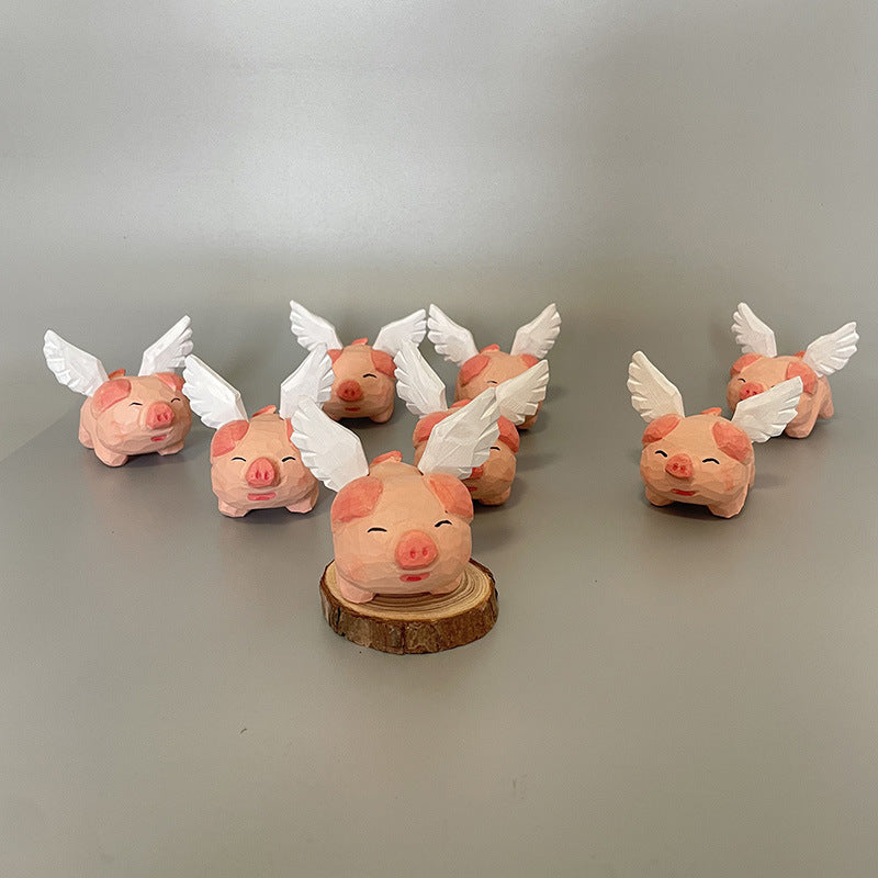 Hand-Carved Wooden Flying Pig Figurine