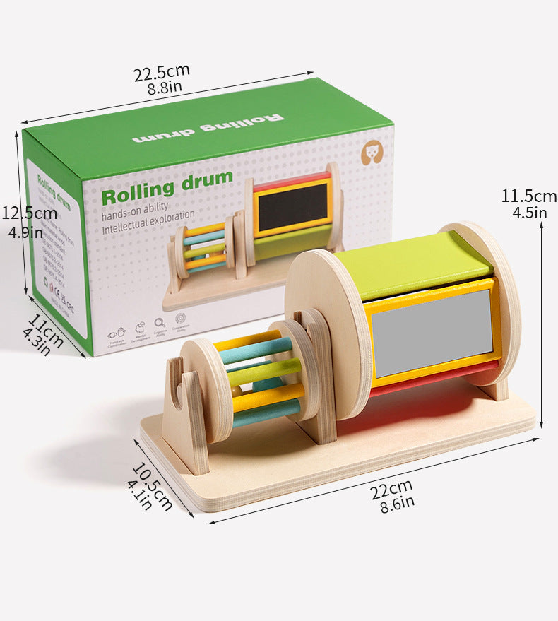 Wooden Montessori Rotating Sensory Drum with Safety Mirror