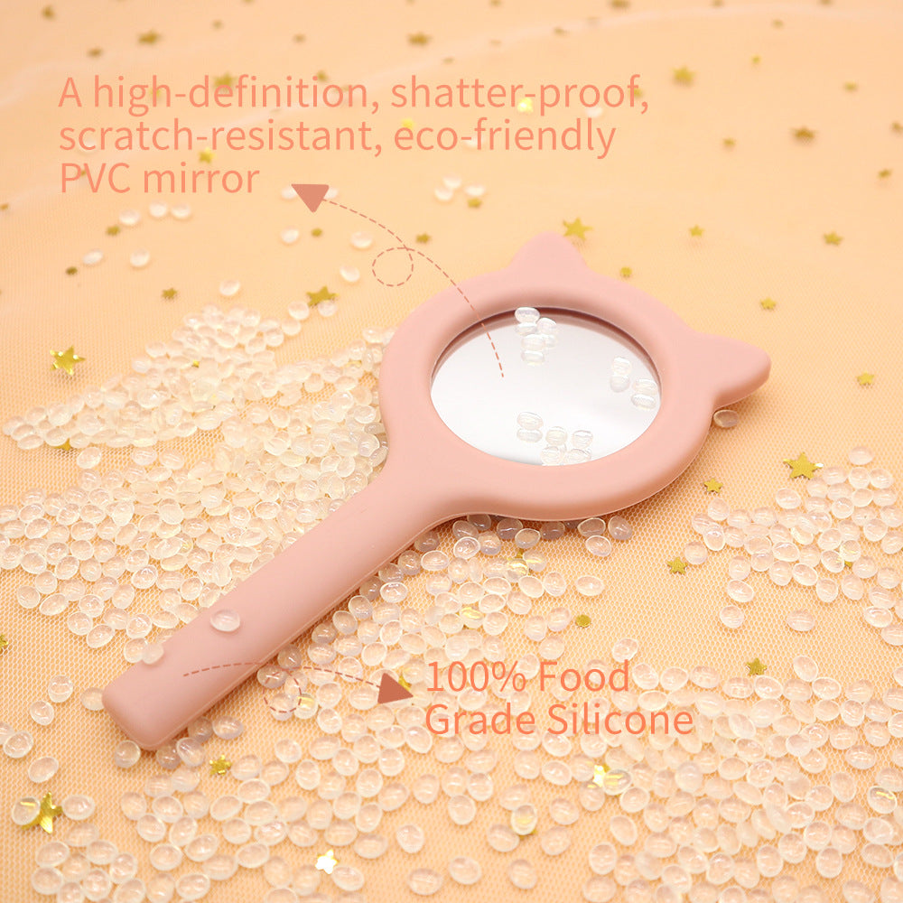 Close-up details of soft silicone pretend makeup toys with rounded edges