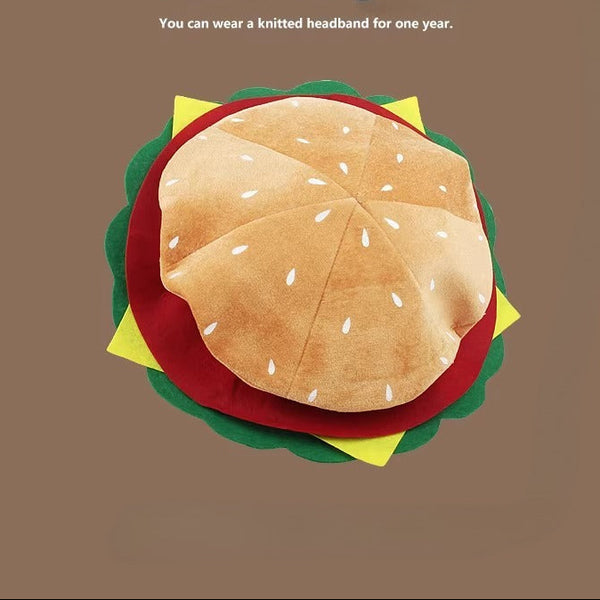 Top view of plush hamburger bun beret novelty hat