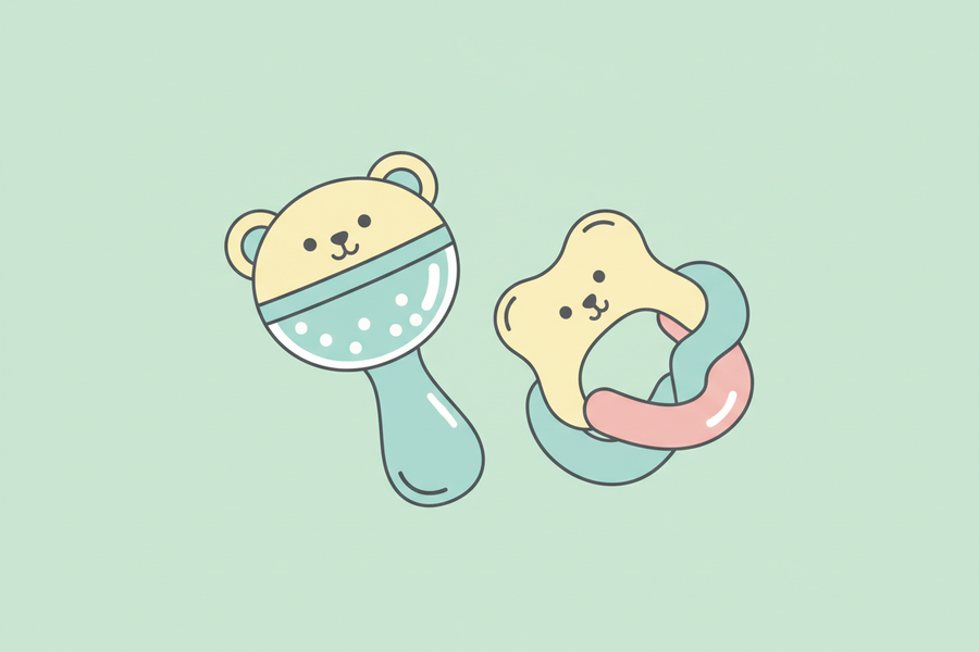 A flat vector icon illustration of a cute baby rattle and a soft teething ring. Minimalist design, very rounded shapes, gentle style. Soft pastel colors like pale yellow and baby blue. Isolated on a solid soft pale mint background. 2D, flat design. --ar 1:1