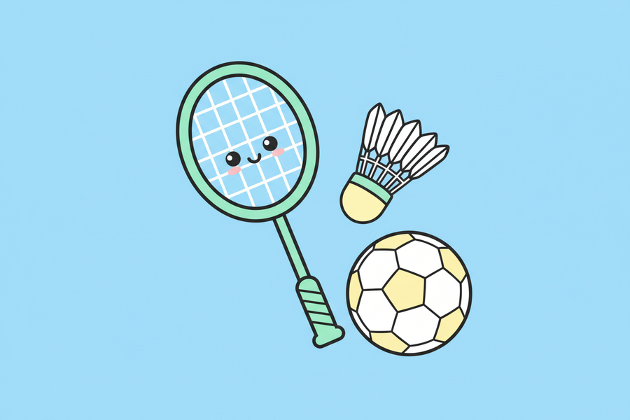 A flat vector icon illustration of **a cute badminton racket, a shuttlecock, and a classic football (soccer ball)**.
**Style:** Minimalist design, simple cute shapes, clean lines.
**Color Palette:** Soft pastel colors like mint green, white, and pale yellow (keeping it fresh and outdoor-themed).
**Background:** Isolated on a solid soft **sky blue** background.
**Vibe:** Active, energetic, 2D, flat design, no realistic shading. --ar 1:1