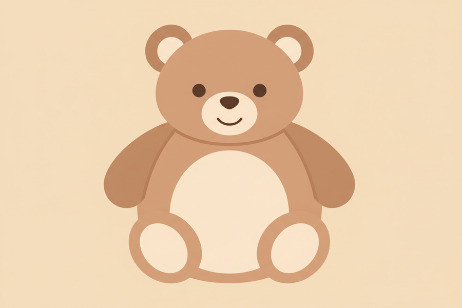 A flat vector icon illustration of a cute, cuddly teddy bear. Minimalist design, very round shapes, looking soft and friendly. Soft pastel brown and cream colors. Isolated on a solid soft warm beige background. 2D, flat design. --ar 1:1