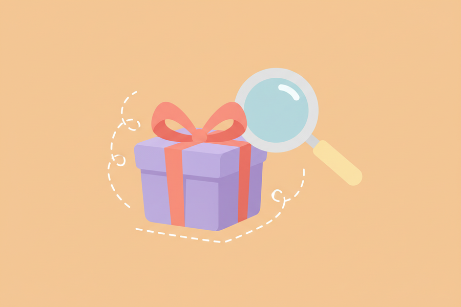 A flat vector icon illustration of **a small wrapped gift box with a cute bow and a magnifying glass** (symbolizing "finding" hidden gems).
**Style:** Minimalist design, simple cute shapes, clean lines.
**Color Palette:** Soft pastel colors like lilac, coral pink, and soft yellow.
**Background:** Isolated on a solid soft **warm peach** background.
**Vibe:** Whimsical, discovering, thoughtful, 2D, flat design, no realistic shading. --ar 1:1