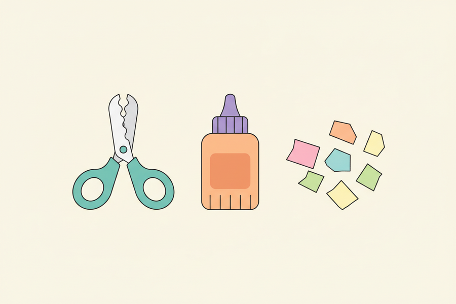 A flat vector icon illustration of cute safety scissors, a glue stick, and colourful cut paper shapes. Minimalist design, clean lines, playful style. Soft pastel colors. Isolated on a solid soft cream background. 2D, flat design. --ar 1:1