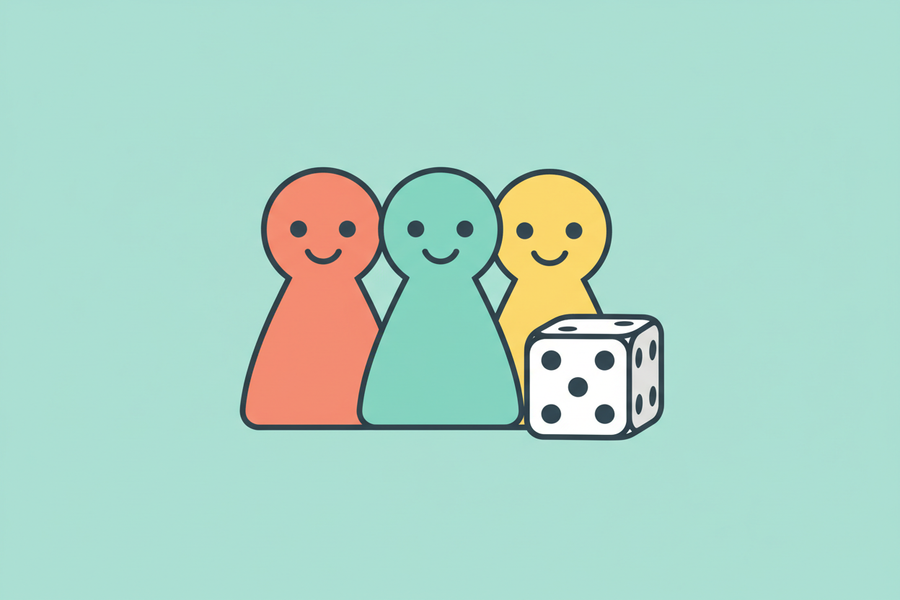 A flat vector icon illustration of **three cute colourful board game pawns (meeples) standing together and a game die**.
**Style:** Minimalist design, simple geometric shapes, clean lines.
**Color Palette:** Soft pastel colors like coral, teal, and sunshine yellow (representing joy and variety).
**Background:** Isolated on a solid soft **pale turquoise** background.
**Vibe:** Social, fun, togetherness, 2D, flat design, no realistic shading. --ar 1:1