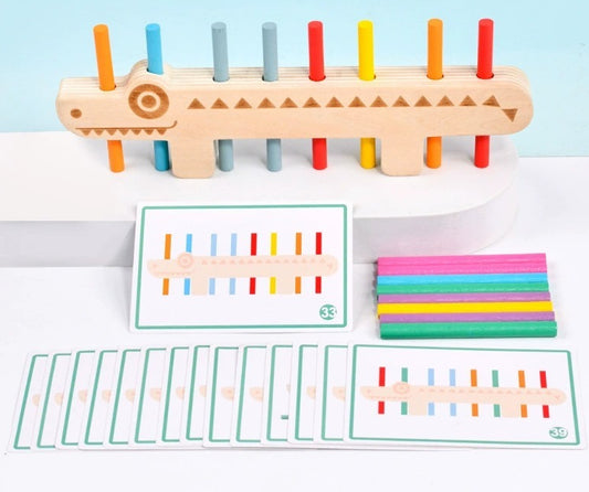 Wooden educational toy with colorful pegs and matching cards on a white background