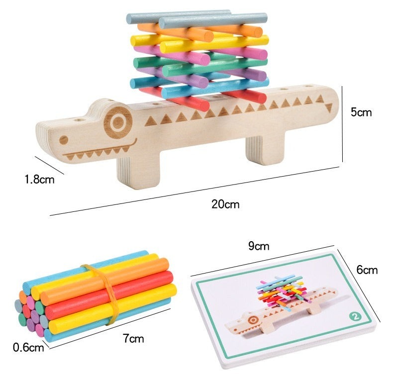 Wooden toy with colorful bars, dimensions labeled on a white background