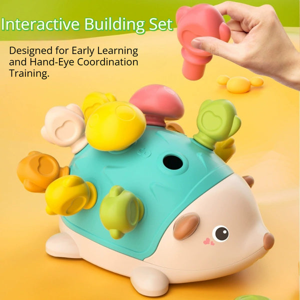 Colorful hedgehog-shaped toy with detachable pieces on a yellow background, designed for early learning.