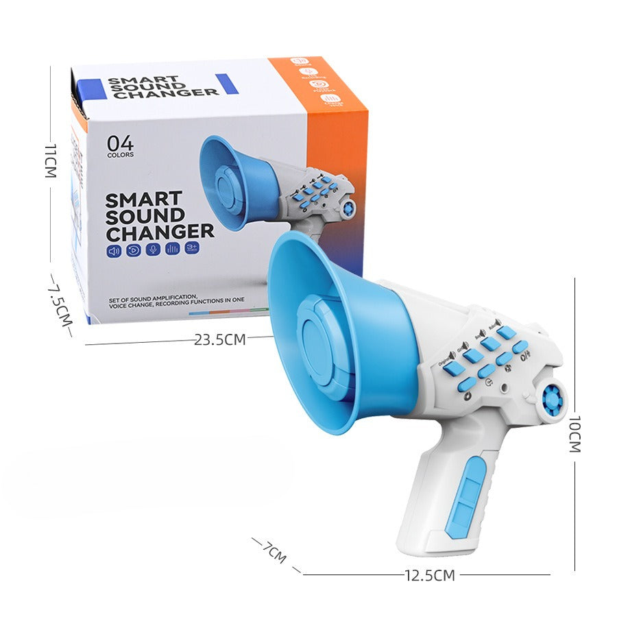 Smart sound changer with packaging and dimensions on a white background