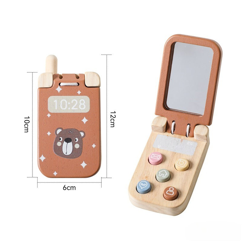 Wooden toy phone with bear design and measurements on a white background