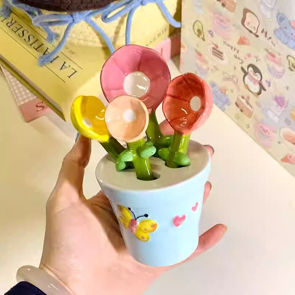 Ceramic Floral Measuring Spoon Set with Planter Base