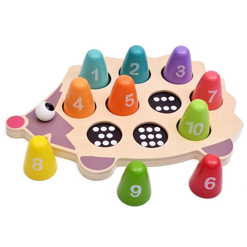 Colorful wooden number sorting toy with numbered cones on a white background