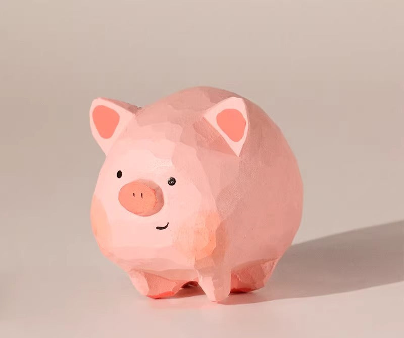Hand-Carved Wooden Pig Figurine Set