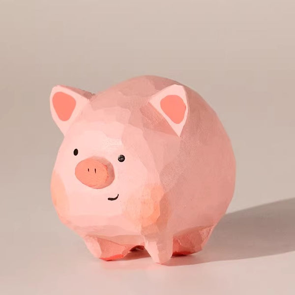 Hand-Carved Wooden Pig Figurine Set
