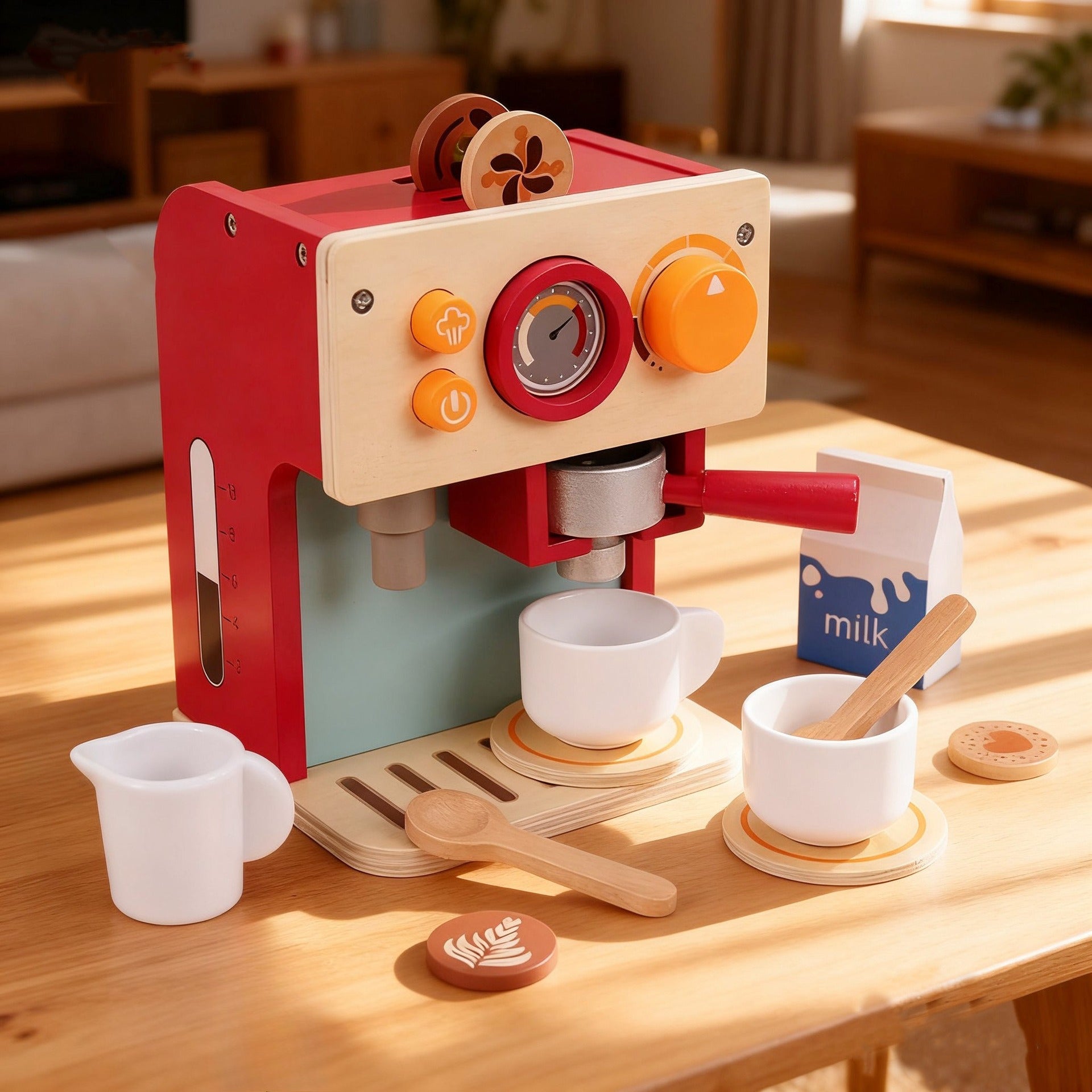 Toy espresso machine with cups and milk carton on a wooden table