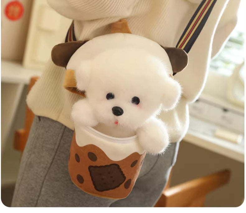 Bubble Tea Cup Plush Bag with Dog Doll