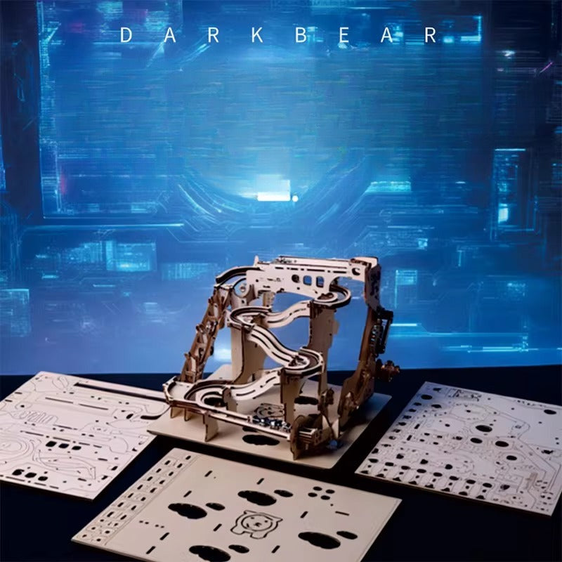 Mechanical model kit with components on a futuristic blue background, featuring the brand 'Darkbear'.