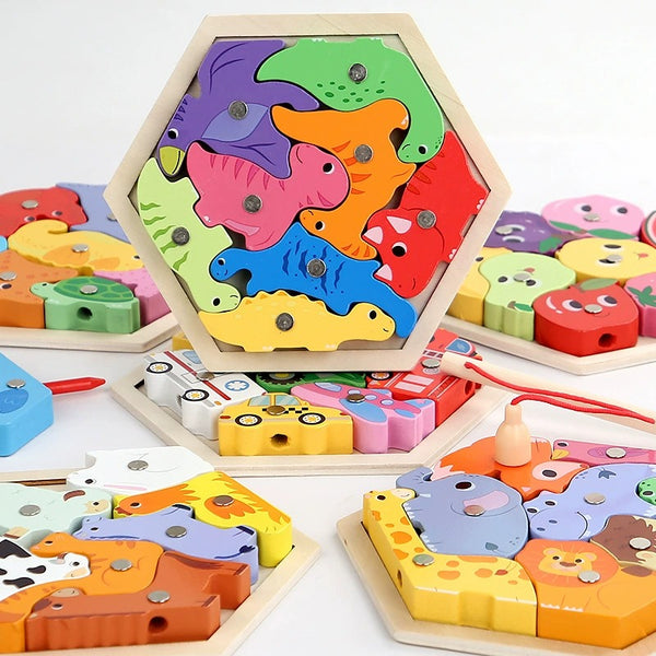Colorful wooden puzzle toys with animal designs on a white background