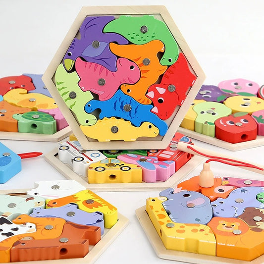 Colorful wooden puzzle toys with animal designs on a white background
