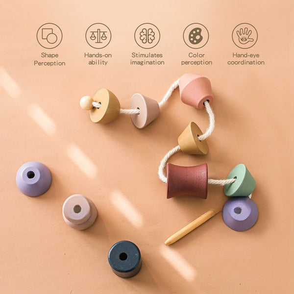 Natural Wood Threading and Stacking Toy Set