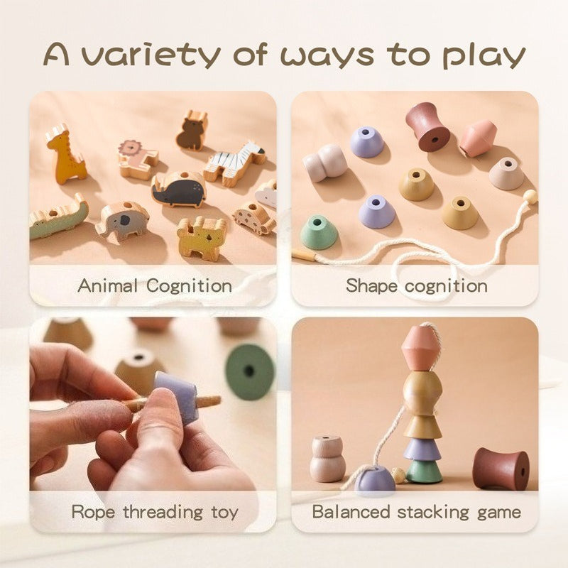 Natural Wood Threading and Stacking Toy Set