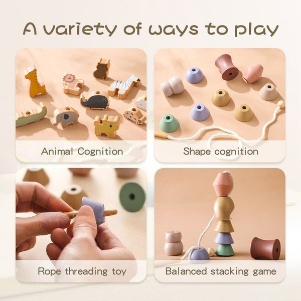 Natural Wood Threading and Stacking Toy Set