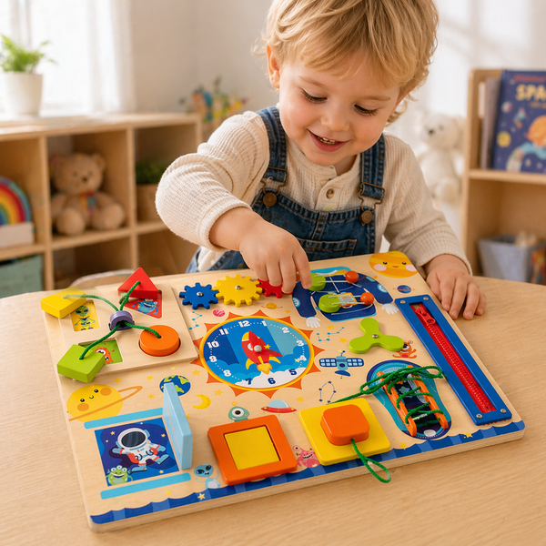 Wooden busy board displayed as a thoughtful gift for curious children in a warm playroom setting.