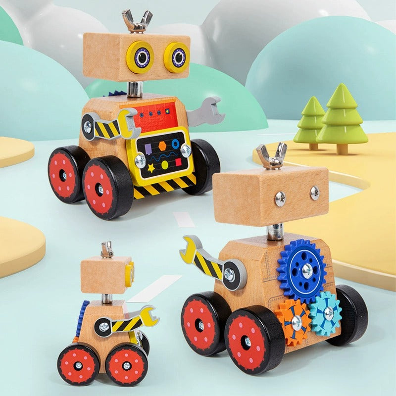 Wooden toy robots with colorful wheels and gears on a light blue background