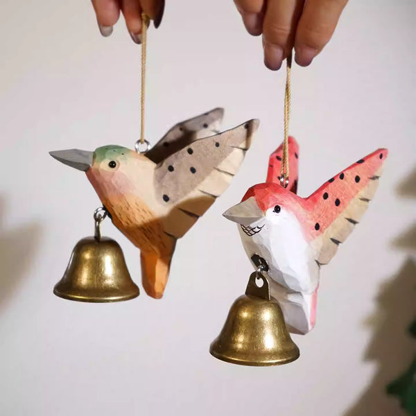 Hand-Carved Wooden Hummingbird Bell Ornament