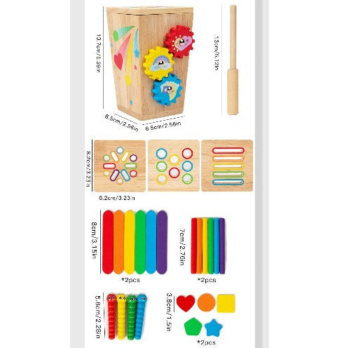 Wooden educational toys with measurements on a white background