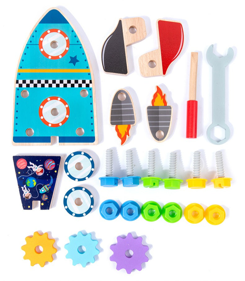 Wooden 2-in-1 Rocket Builder & Gear Discovery Toy
