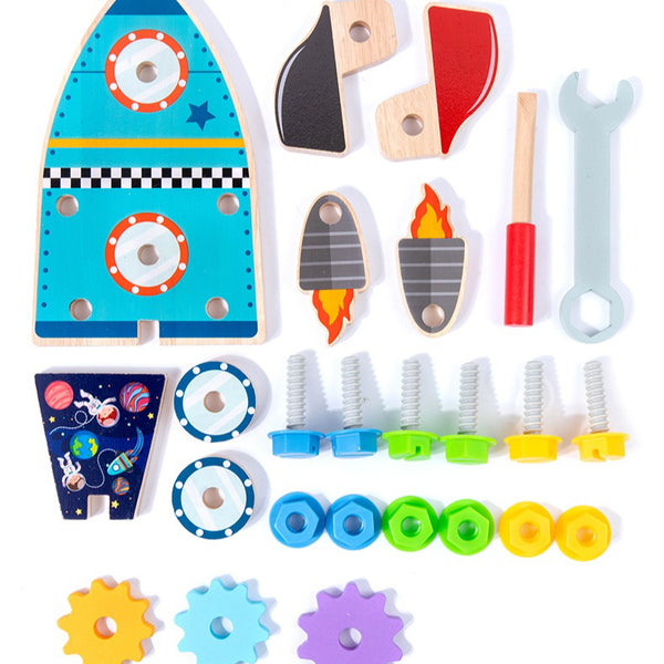 Wooden 2-in-1 Rocket Builder & Gear Discovery Toy