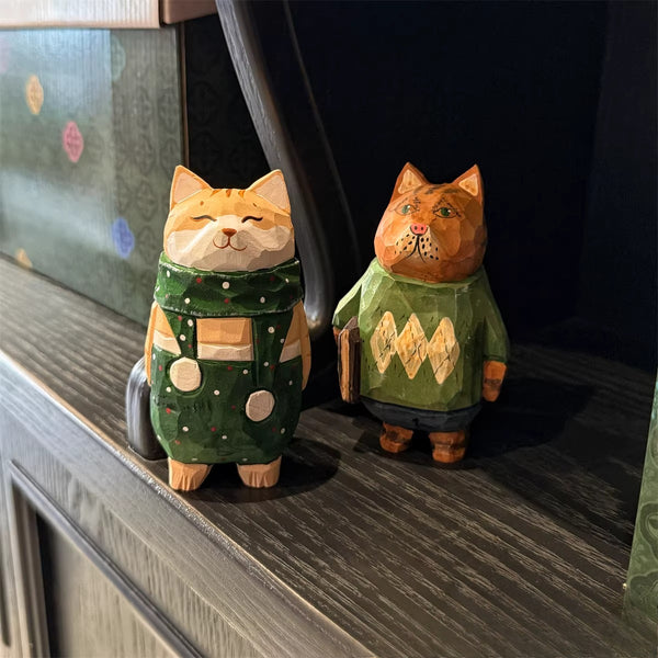 Hand-Carved Wooden Cat Desktop Ornament