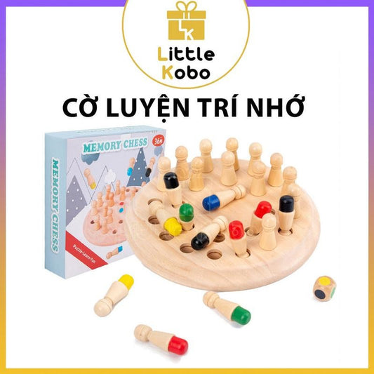 Wooden memory chess game with colorful pieces and packaging on a white background, featuring the Little Kobo brand.
