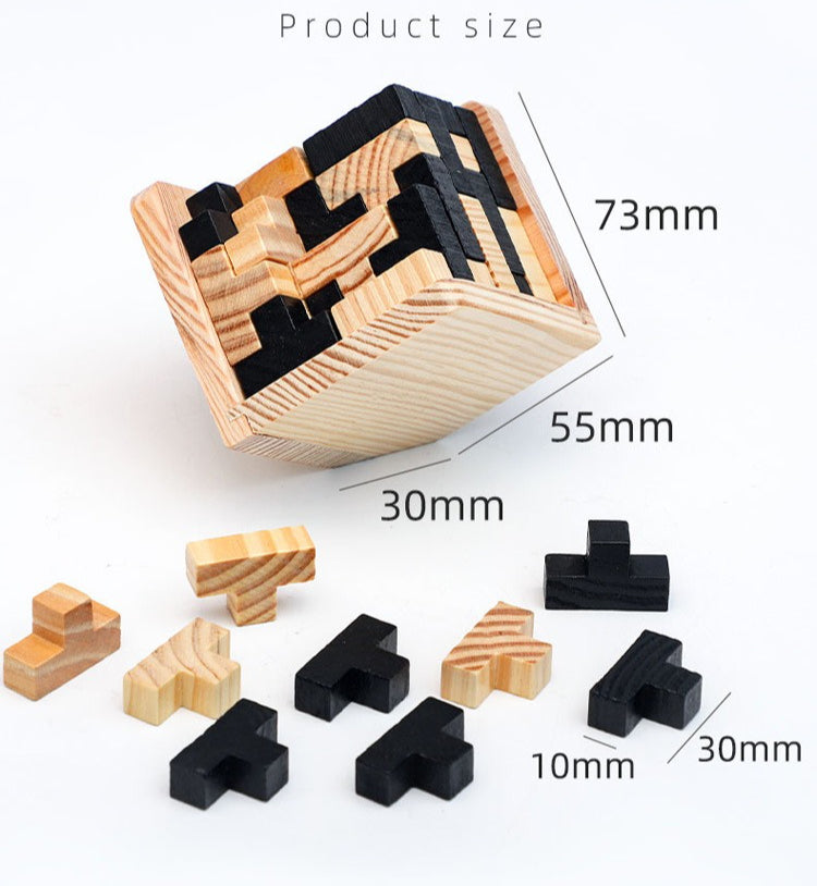 Wooden puzzle with measurements on a white background