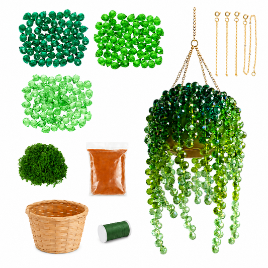 Collection of green decorative items including a hanging plant, beads, and a basket on a white background.