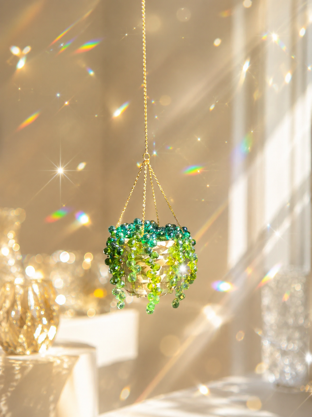 Green beaded hanging ornament with a gold chain against a sparkling background
