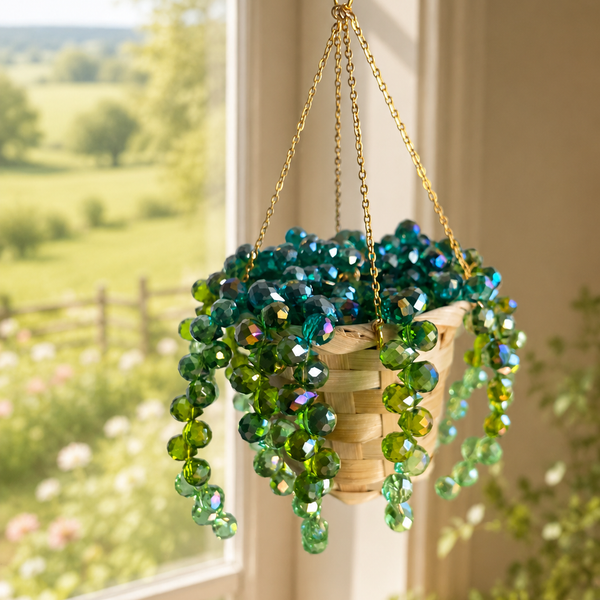 Hanging plant with green beads in front of a window with a view of a garden.