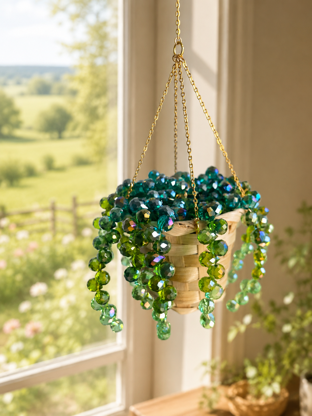 Hanging plant with green beads in front of a window with a view of a garden.