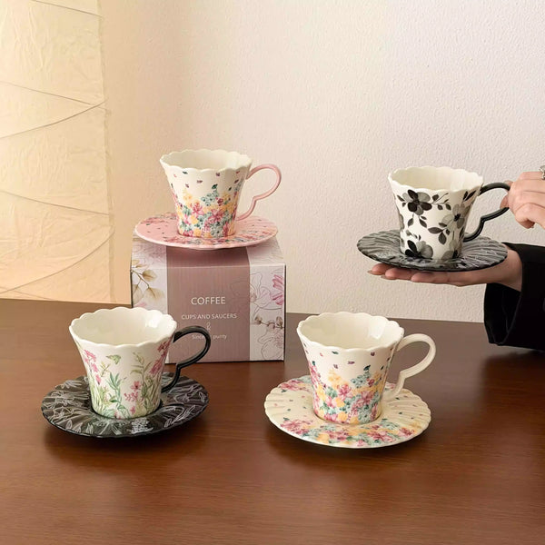 Floral Ceramic Coffee Cup and Saucer Set