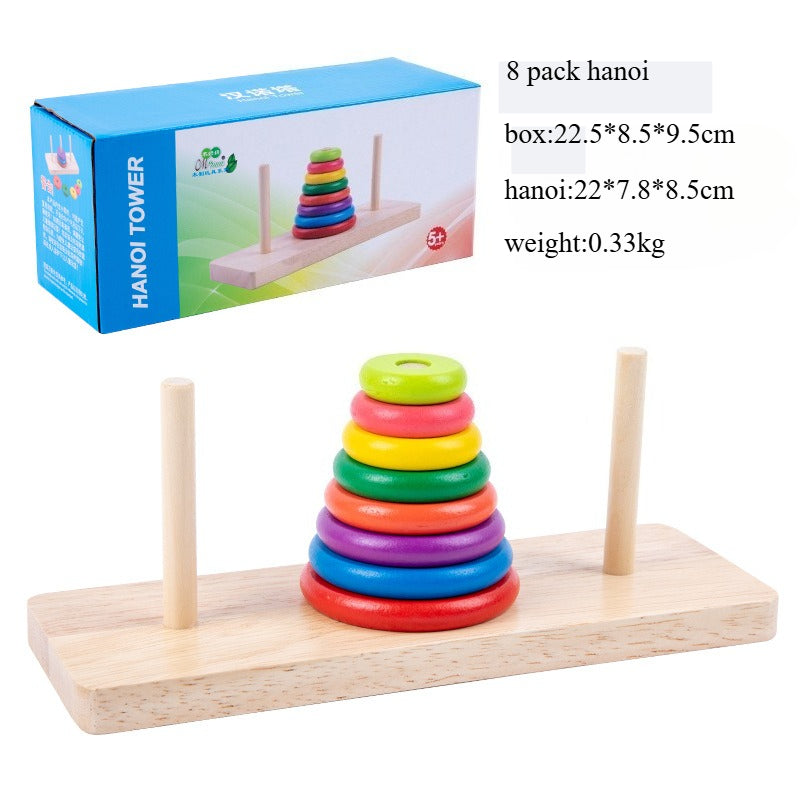 Colorful Hanoi Tower toy with packaging and specifications on a white background